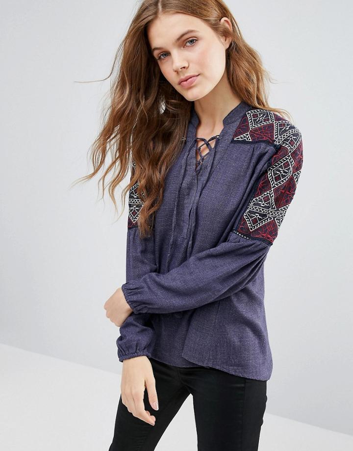 Hazel Embriodered Sleeve Blouse - Navy