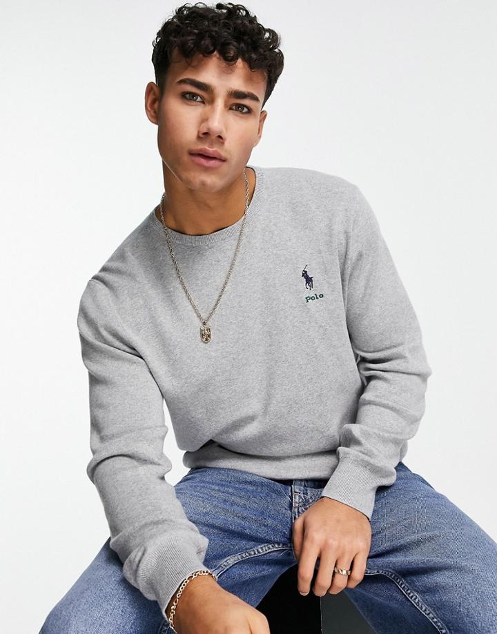 Polo Ralph Lauren Player Logo Cotton Knit Sweater In Gray Heather