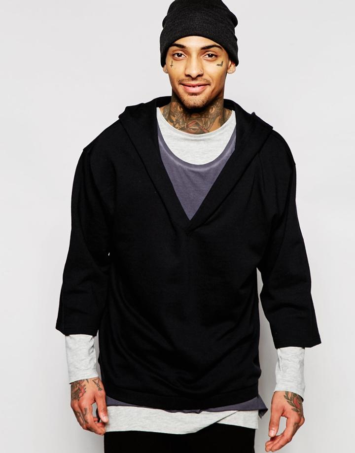Asos Oversized Deep V-neck Hoodie With Half Sleeves - Black