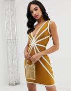 The Girlcode Plunge Front Bandage Dress With Contrast Piping In Caramel - Tan