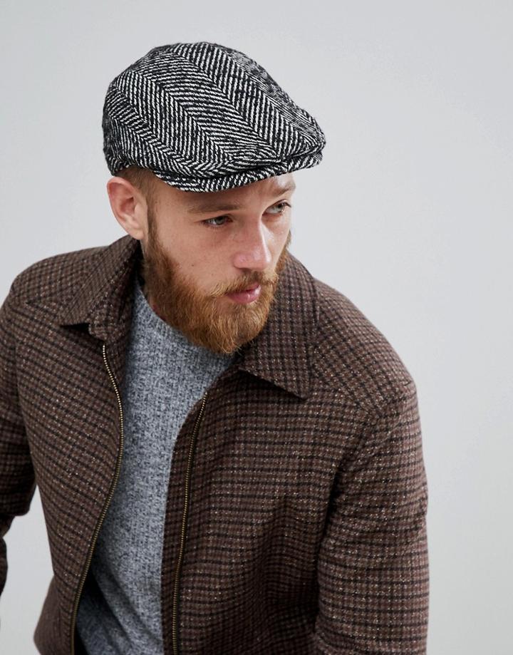 Asos Flat Cap In Black Herringbone - Black
