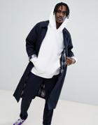Asos Design Oversized Trench Coat With Checked Lining In Navy - Navy