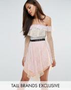 True Decadence Tall All Over Premium Lace Off Shoulder Tiered Mini Dress With Metal Belt - Multi