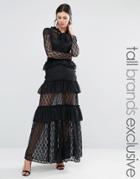 True Decadence Tall Long Sleeve Tiered Lace Frill Maxi Dress - Black
