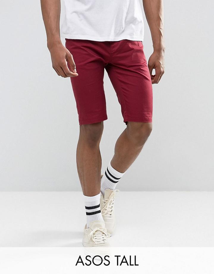 Asos Tall Chino Skinny Shorts In Burgundy - Red