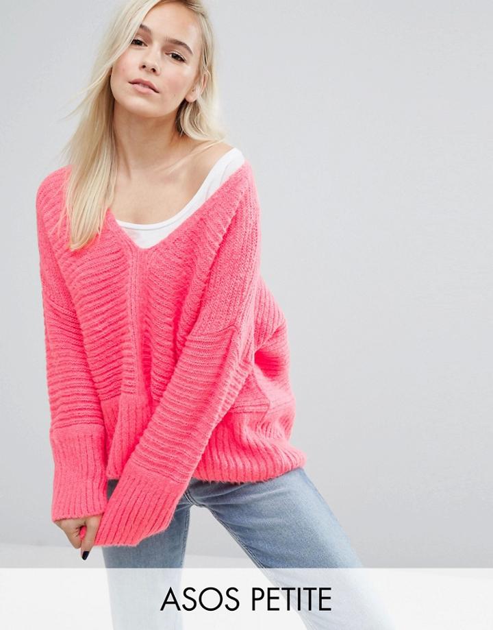 Asos Petite Chunky Sweater In Fluffy Yarn With V Neck - Pink