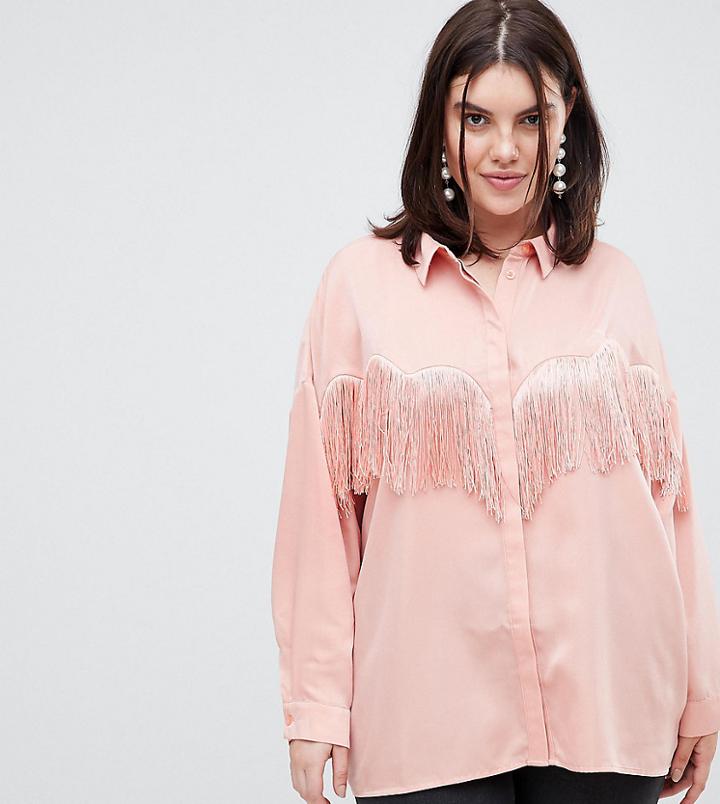 Asos Design Curve Oversized Shirt With Fringing - Pink