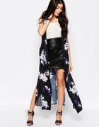 Liquorish Lightweight Belted Maxi Jacket In Eastern Floral Print - Navy