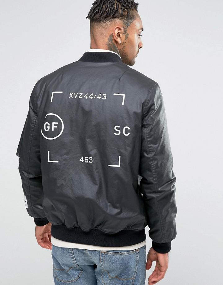Asos Bomber Jacket In Waxed Cotton With Print - Black