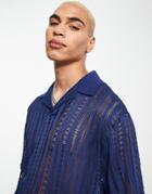 Asos Design Relaxed Revere Polo T-shirt Navy Open Rib