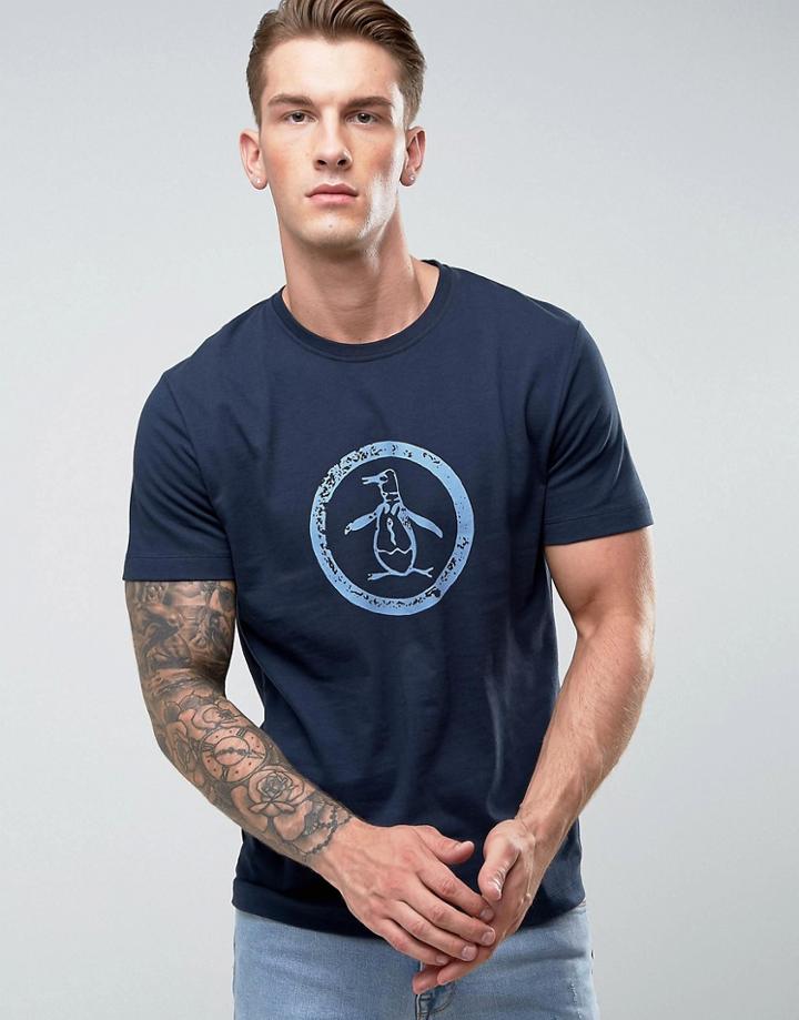 Original Penguin T-shirt Distressed Circle Logo Slim Fit In Navy - Navy