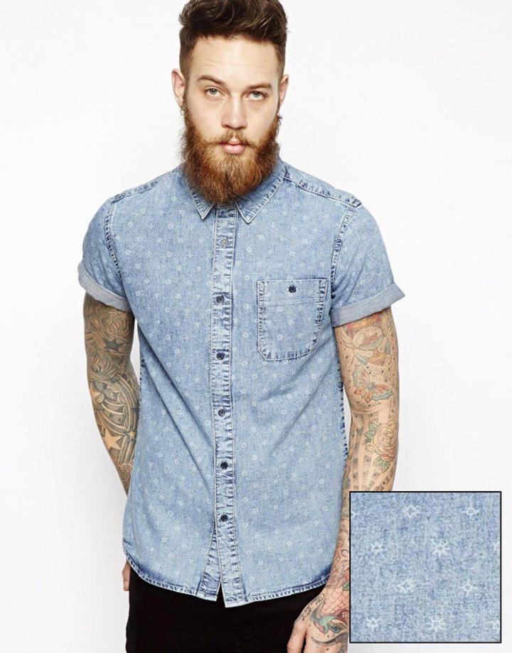 Asos Acid Wash Denim Shirt In Short Sleeve With Icon Print