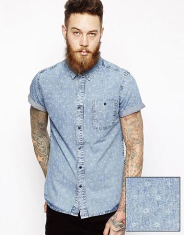 Asos Acid Wash Denim Shirt In Short Sleeve With Icon Print