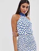 John Zack High Neck Top In Blue Contrast Polka - Multi