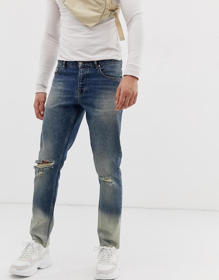 Asos Design Slim Jeans In Ombre Bleach Wash With Knee Rips-blue
