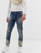 Asos Design Slim Jeans In Ombre Bleach Wash With Knee Rips-blue