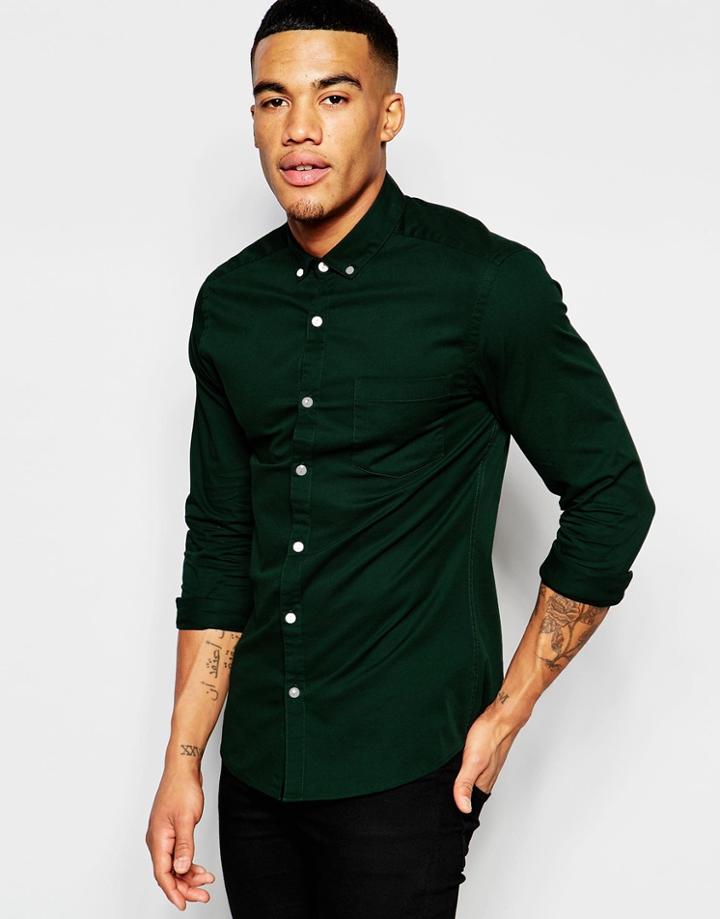 Asos Skinny Shirt In Green Twill - Dark Green