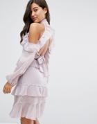 Dark Pink Metallic Fleck Ruffle Midi Dress With Open Back - Purple