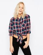 Noisy May Erik Tie Front Check Shirt - Jester Red