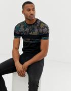Asos Design Muscle Fit T-shirt With Floral Print Cut And Sew Panels - Black