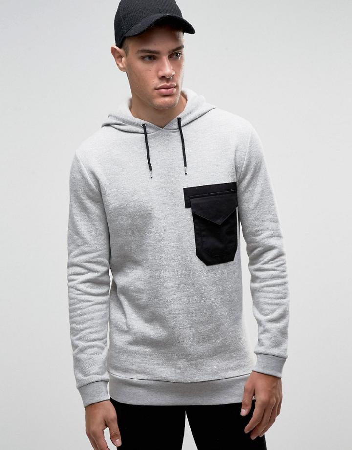 Asos Hoodie With Woven Pocket In Gray Marl - Gray