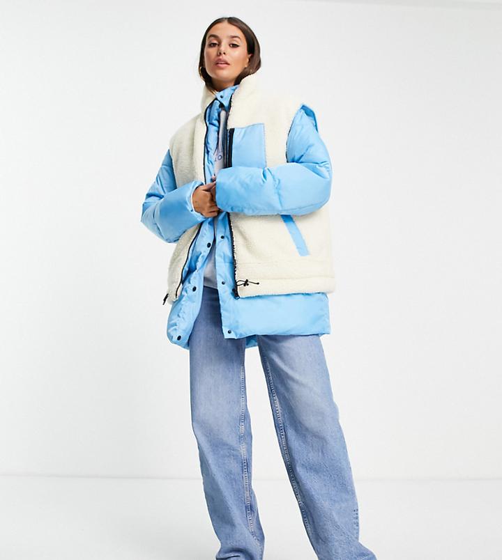 Asos Design Tall Padded Jacket With Detachable Sherpa Vest In Blue And Cream-green