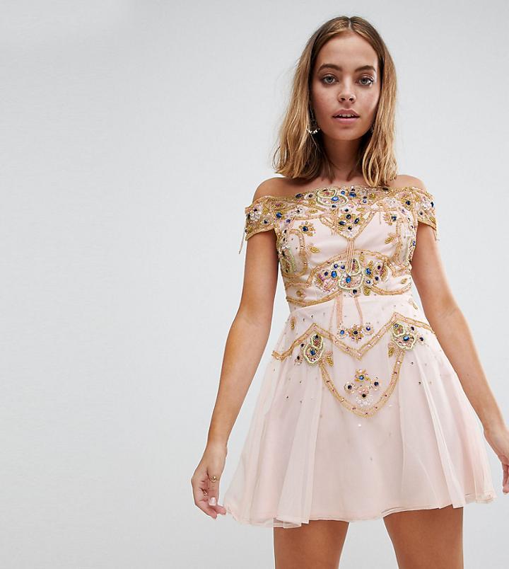 Frock And Frill Petite Premium Embellished Bardot Bodice Mini Skater Dress - Pink