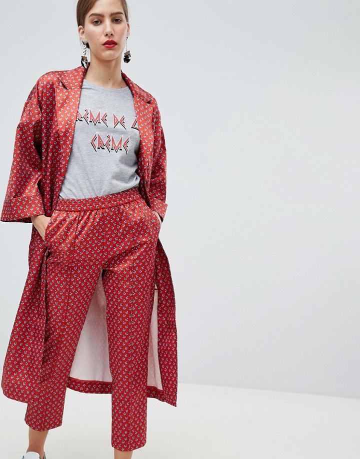 Custommade Longline Jacket In Printed Satin - Red