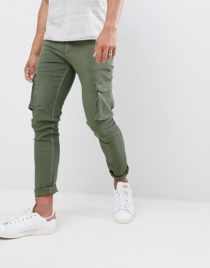 Ldn Dnm Skinny Jeans With Cargo Pockets In Khaki - Green