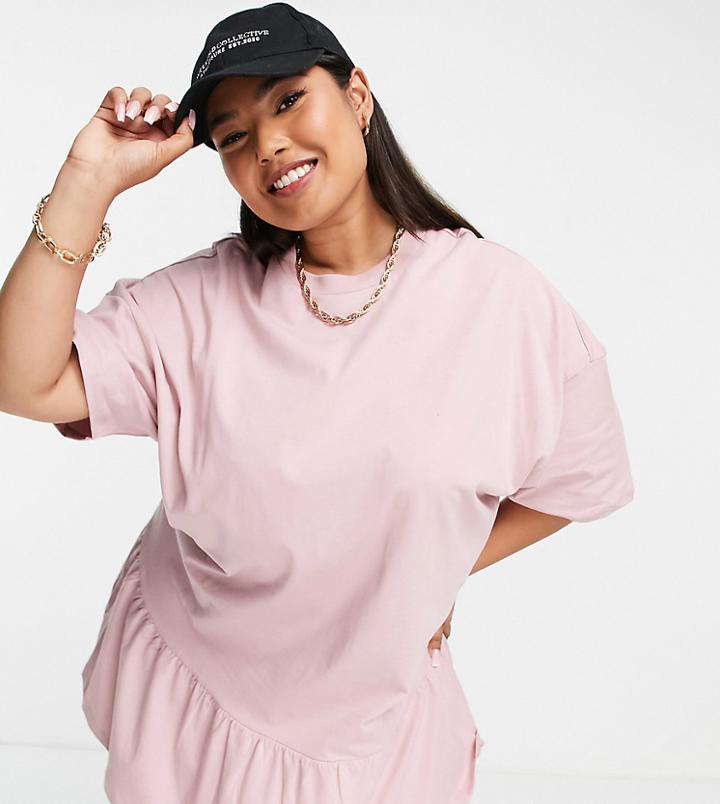 Asos Design Curve Oversized T-shirt Dress With Frill Hem In Rose-pink