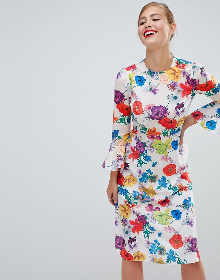 Asos Design Fluted Sleeve Midi Dress In Summer Floral Print - Multi
