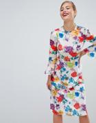Asos Design Fluted Sleeve Midi Dress In Summer Floral Print - Multi