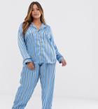 Asos Design Curve Satin Stripe Pyjama Pants Set - Blue