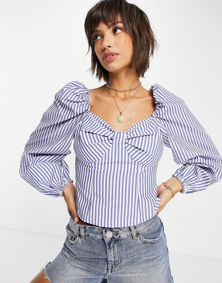 River Island Puff Sleeve Striped Poplin Crop Top In Blue-blues