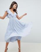 Asos Design Lace Insert Midi Dress With Ruffle Bodice - Blue