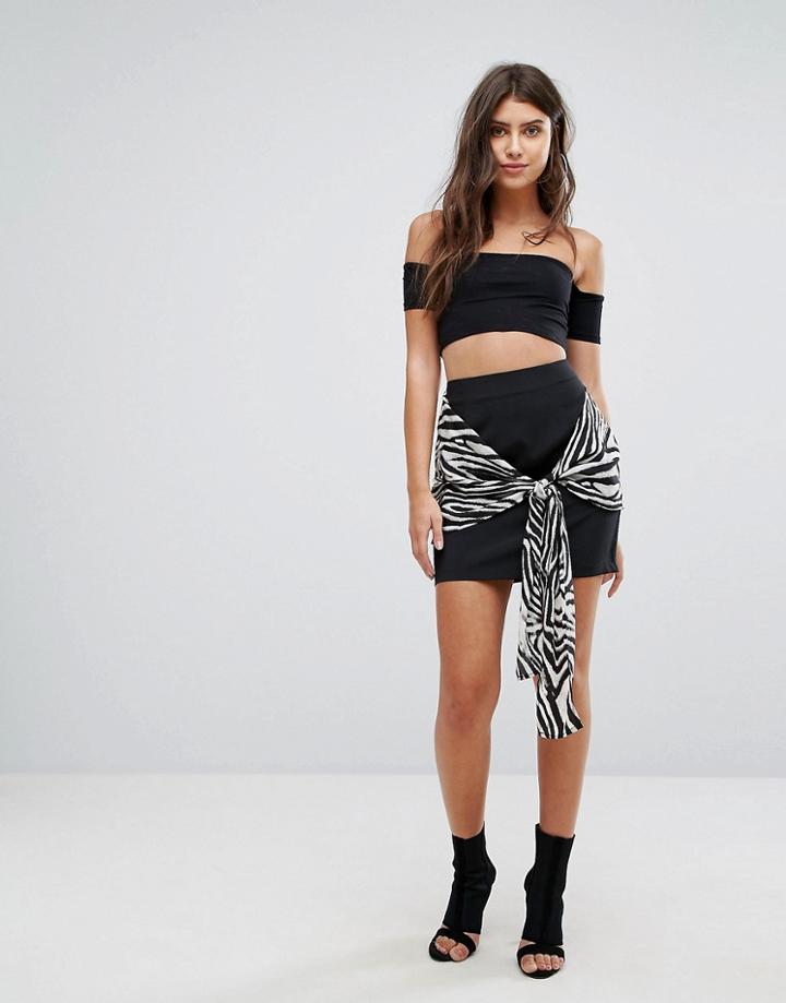 Prettylittlething Zebra Tie Detail Mini Skirt - Black