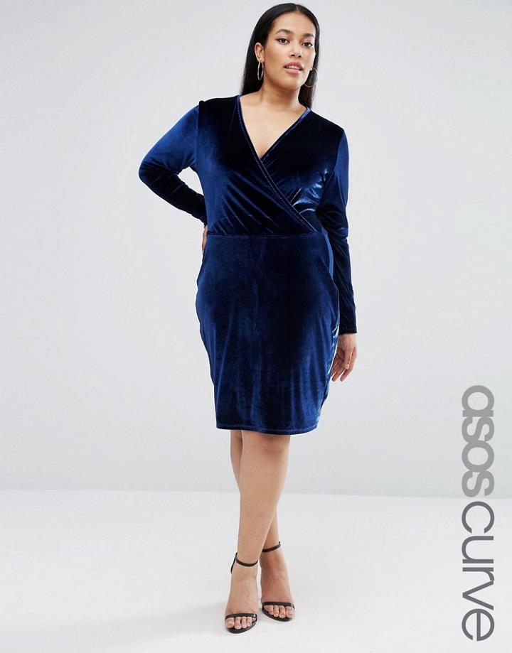 Asos Curve Wrap Pencil Dress In Velvet - Navy