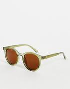 Asos Design Round Sunglasses In Green With Brown Lens