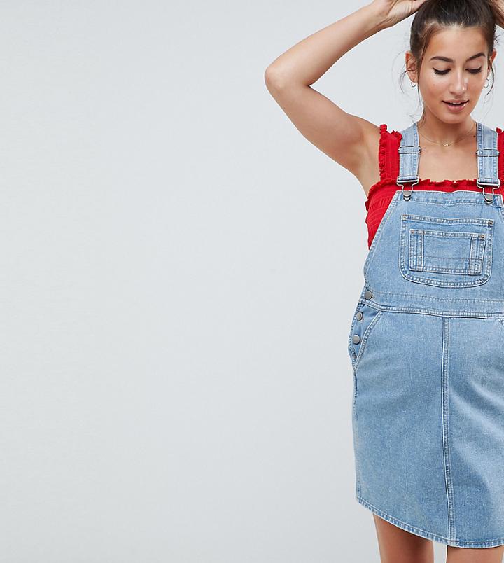 Asos Design Maternity Denim Overall Dress In Vintage Blue - Blue