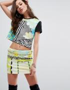 Versace Jeans Neoprene Crop Top With Stripe And Floral Print - Green