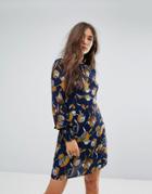 Traffic People Bell Sleeve Floral Print Dress - Navy