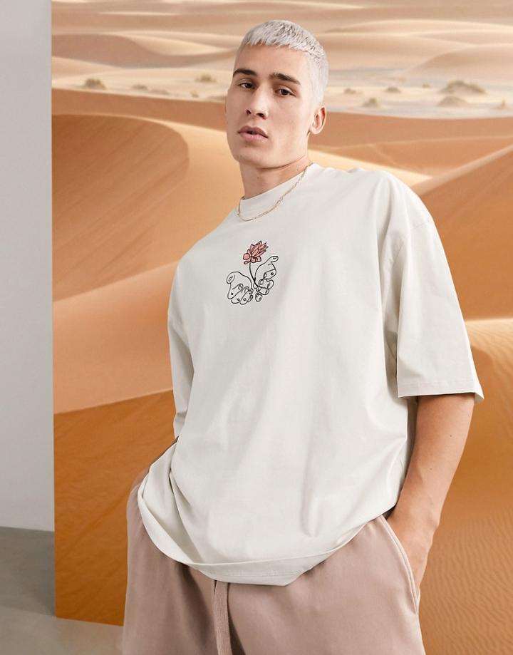 Asos Design Oversized T-shirt In Beige With Hand Drawing-neutral