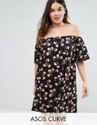Asos Curve Off Shoulder Dress In Dark Floral - Multi