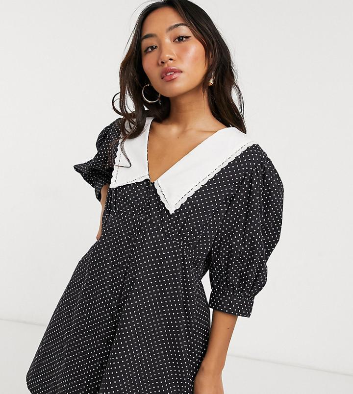 Influence Petite Collared Cotton Poplin Polka Dot Mini Dress In Black
