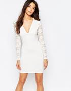Club L Essentials Plunge Body-conscious Dress With Lace Back And Sleeves - White