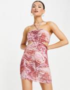 Asos Design Halter Ruched Cut Out Mini Dress In Marble Print-multi