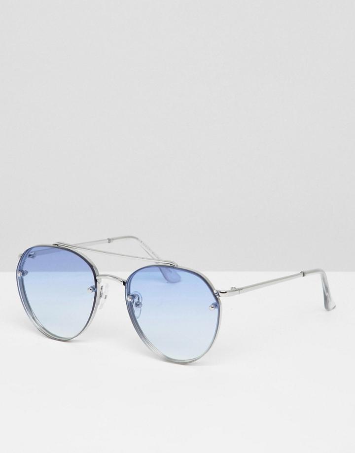 7x Round Sunglasses With Blue Ombre Lens - Silver