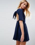 Asos Broderie Smock Dress With Open Back Detail - Navy