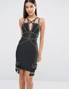 Wow Couture Fringe Bandage Dress With Eyelet Hardware - Black
