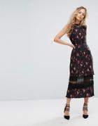 Foxiedox Pleated Floral Midi Dress With Lace Insert - Multi
